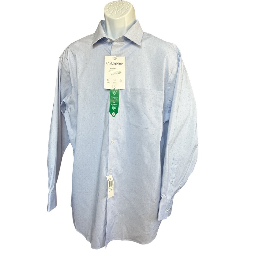 NWT Calvin Klein Wrinkle Free Regular Fit Blue Button Down Shirt, 17-17.5/32-33